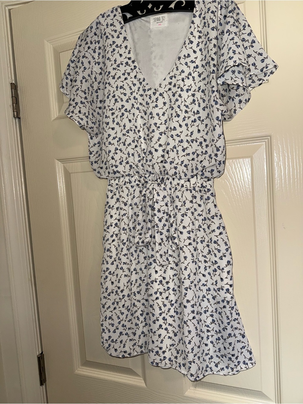 Sienna Sky White Dress with Navy Floral Print and Tie Waist